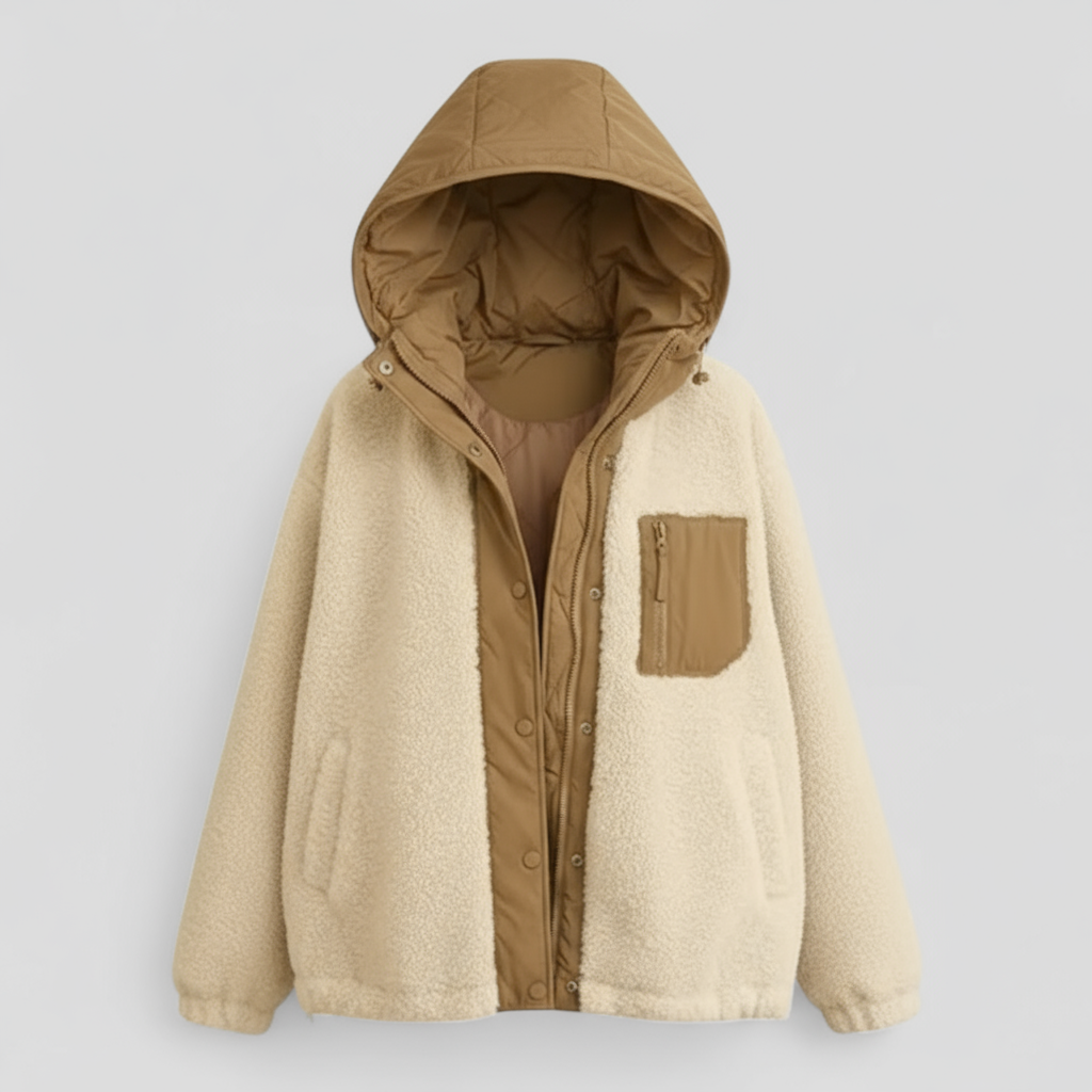 Vinterfrakke Dame med Hætte og Kontrast Syning