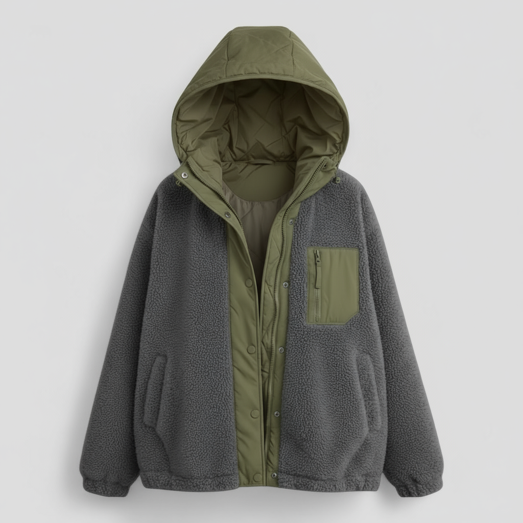 Vinterfrakke Dame med Hætte og Kontrast Syning