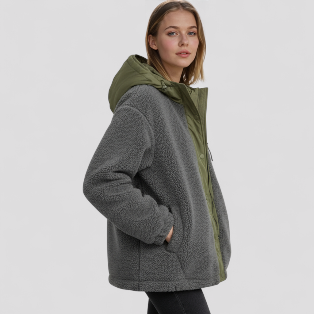 Vinterfrakke Dame med Hætte og Kontrast Syning