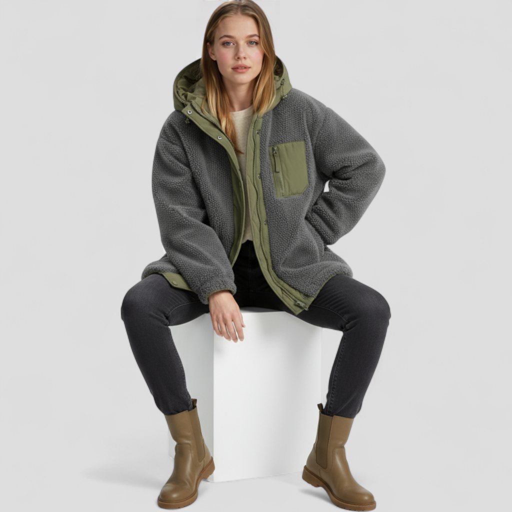 Vinterfrakke Dame med Hætte og Kontrast Syning